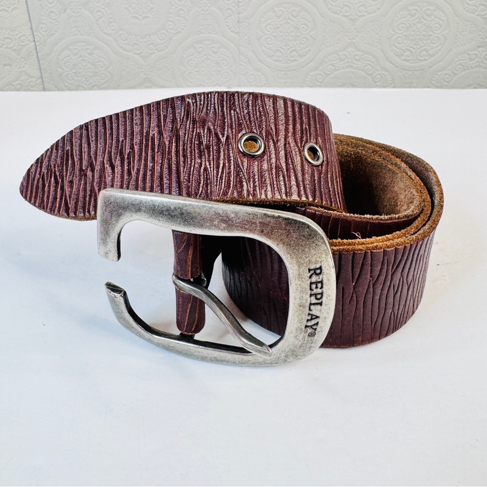 REPLAY Leather Belt 85-34 Men's Dark Brown Leather Pattern Metal Pewter Buckle
